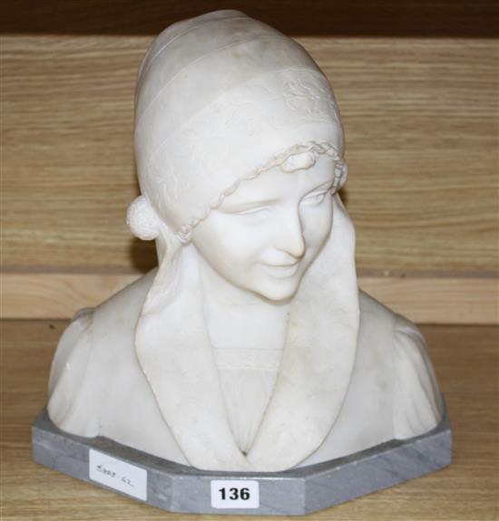 An early 20th century North European carved alabaster bust of a Flemish girl wearing a lace bonnet, unsigned, on grey marble plinth, he